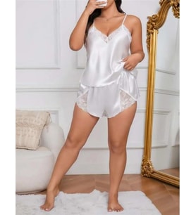 Arias Closet Büyük Beden Beyaz Dantel İşlemeli Saten Şortlu Takım