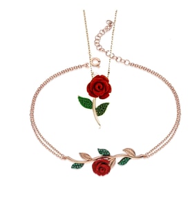 925 Ayar Gümüş Zirkon Taşlı Gül Kolye Bileklik Seti (Rose)