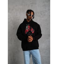Erkek Kapüşonlu Cepli Box Eldiven Baskılı 3 İplik Sweatshirt Hoodie - Siyah