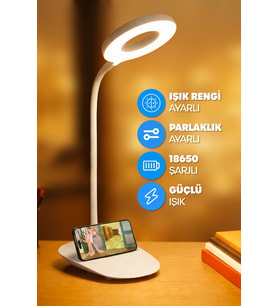 Şarjlı Masa Lambası, Dokunmatik, 3 Renk, 24 LED, Telefon Standı, Kademeli Işık (Krem)