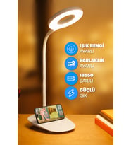 Şarjlı Masa Lambası, Dokunmatik, 3 Renk, 24 LED, Telefon Standı, Kademeli Işık (Krem)