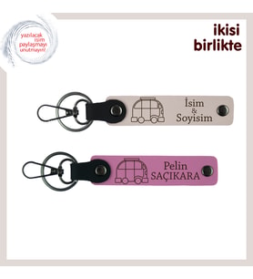 İsme Özel Olarak Tasarlanmış, Karavanlı Deri Anahtarlık 2’li Set, Kişiselleştirilebilir, Pudra-Pembe