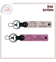 İsme Özel Olarak Tasarlanmış, Karavanlı Deri Anahtarlık 2’li Set, Kişiselleştirilebilir, Pudra-Pembe