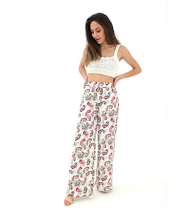 Bol Paça Renkli Baskı Keten Pantolon - Mint Yeşili