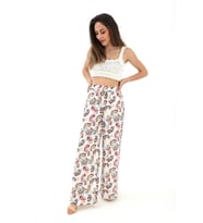 Bol Paça Renkli Baskı Keten Pantolon - Mint Yeşili