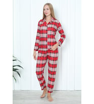 Mirano 3707 Boydan Düğmeli Soft Süet Kışlık Kareli Kadın Pijama Takımı (Kırmızı)