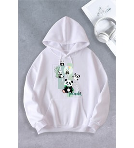 Unisex Kadın Erkek Panda Baskılı Oversize Sweatshirt 2 İPLİK (Beyaz)