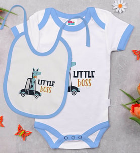 BK Kids Little Boss Tasarımlı Mavi Bebek Body Zıbın ve Mama Önlüğü Hediye Seti-1