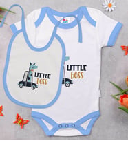 BK Kids Little Boss Tasarımlı Mavi Bebek Body Zıbın ve Mama Önlüğü Hediye Seti-1