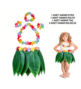 Çocuk Hawaii Kostüm Seti - Yaprak Etek  Hawaii Set - 5 Parça