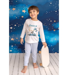 Pia Baby Premium %100 Pamuk İsme Özel Çocuk Pijama Takımı 1-8 Yaş 5056-14 (Mavi)