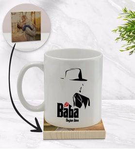 BK Gift Kişiye Özel Baba Godfather Tasarımlı Beyaz Kupa Bardak ve Ahşap Bardak Altlığı Hediye Seti - Model 16