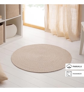 Ocean Home Textile Yıkanabilir Bej Kırçıllı Pamuklu Halı Kilim Ø 80 cm