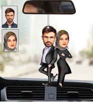 Kişiye Özel Fotoğraflı Tesettürlü Çift Tasarımlı Karikatür Araba Dikiz Ayna Süsü