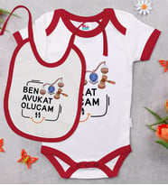 BK Kids Avukat Olucam Tasarımlı Kırmızı Bebek Body Zıbın ve Mama Önlüğü Hediye Seti-1