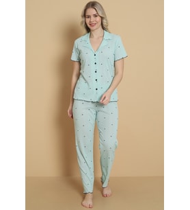 Mirano 1712 Minik Kalp Desenli Pointel İnce Kumaş Düğmeli Kısa Kollu Kadın Pijama Takımı