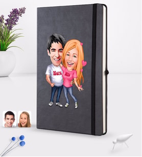 BK Gift Kişiye Özel Sevgililer Karikatürlü Siyah Termo Deri Defter 16x24cm Model 5