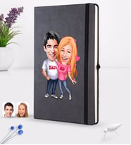 BK Gift Kişiye Özel Sevgililer Karikatürlü Siyah Termo Deri Defter 16x24cm Model 5