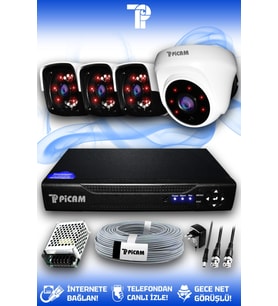 PICAM 4 Kameralı Panda 1 İç Kamera Set HDD'siz Full HD Gece Görüşlü Güvenlik Kamerası Sistemi