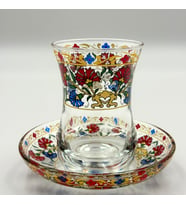 Floral Desenli İznik Çini Motifli 6 Kişilik Çay Bardağı Seti