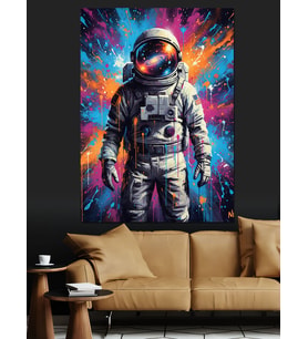 Uzay Giysili Neon Astronot Dekoratif Kanvas - Mdf Ahşap Tablo