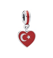 925 Ayar Gümüş Kalpli Türkiye Bayrağı Figürlü Sallantılı Charm