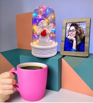 Pembe Kupa Bardak, Renkli Işıklı Fanus ve Fotoğraf Hediye Seti (Model 2)
