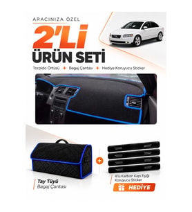 e-biz VOLVO S40 (2008-2012) Uyumlu Torpido Örtüsü + Tay Tüyü Bagaj Çantası Seti - Siyah-Mavi - VO002