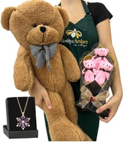 Premium Hediye Seti - Ametist Taşlı Lotus Kolye, 3'lü Ayıcık Buketi ve Kahve Peluş Ayıcık (Model 1)