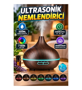 550ML Ultrasonik Hava Nemlendirici – 7 Renk LED, Zamanlayıcı, Otomatik Kapanma ve Aromaterapi