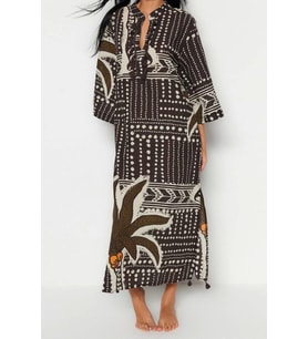 Moda Dokuma Rahat Kalıp Uzun Gömlek Yaka Standart Kol Vual Basic Çizgili Desen Kimono Kaftan