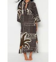 Moda Dokuma Rahat Kalıp Uzun Gömlek Yaka Standart Kol Vual Basic Çizgili Desen Kimono Kaftan