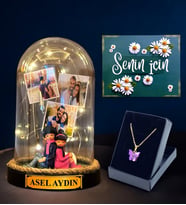 Sizlere Özel Hazırlanacak Hediye Seti, İsimli 3 Fotoğraflı Led Işıklı Fanus ve Kelebek Kolye (Model 3)