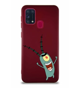 Samsung Galaxy M31 Soft Premier Kapak Plankton Tasarımlı Silikon Kılıf - Mürdüm (Şeffaf)
