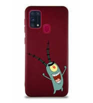 Samsung Galaxy M31 Soft Premier Kapak Plankton Tasarımlı Silikon Kılıf - Mürdüm (Şeffaf)
