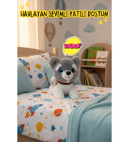 Sesli Havlayan Yavru Köpek Peluş Oyuncak (25 cm) Mavi İri Gözlü - Hediye ve Uyku Arkadaşı (Gri)