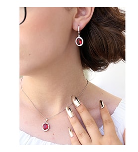 Kırmızı Beyaz Zirkon Taşlı Oval Gümüş Kolye Küpe Takım