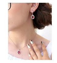 Kırmızı Beyaz Zirkon Taşlı Oval Gümüş Kolye Küpe Takım