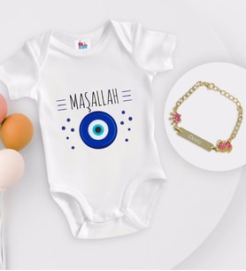 BK Kids Kişiye Özel Maşallah Tasarımlı Beyaz Bebek Body Zıbın ve Kız Bebek Künyesi Hediye Seti-1