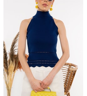 Kadın Saks Mavisi Halter Yaka Dantel Detaylı Bluz
