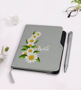 BK Gift Kişiye Özel Papatya Temalı Gri Termo Deri Defter Kalem Seti-8