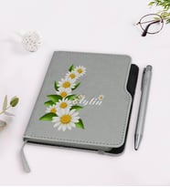 BK Gift Kişiye Özel Papatya Temalı Gri Termo Deri Defter Kalem Seti-8
