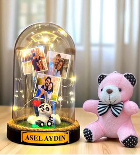 Kişiye Özel Led Işıklı Biblolu Fanus ve Pembe Peluş Ayıcıklı Anahtarlık (Model 4)