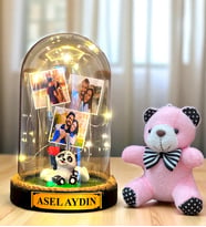 Kişiye Özel Led Işıklı Biblolu Fanus ve Pembe Peluş Ayıcıklı Anahtarlık (Model 4)