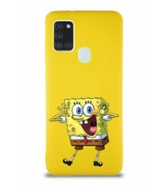 Samsung Galaxy A21S Soft Premier Kapak Sünger Bob Tasarımlı Silikon Kılıf - Sarı (Şeffaf)