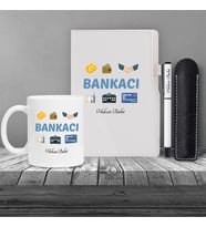 Kişiye Özel Bankacı Temalı Beyaz Defter & Siyah Roller Kalem ve Kupa Set 2
