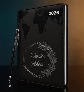 BK Gift Kişiye Özel İsimli Termo Sert Kapak 2026 Siyah Ajanda & Kalem -9, Öğretmenler Günü Hediyesi, Yeni İş Hediyesi