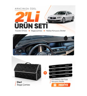 e-biz BMW F10 (2010-2017) Uyumlu Torpido Örtüsü + Deri Bagaj Çantası Seti - Siyah-Gri - BM004