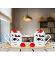 Mrs. & Mr. Çift Tasarımlı Çift Ahşap Tabaklı Kişiye Özel Türk Kahvesi Fincanı Seti