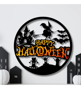 Northcity 3D Baskı Happy Halloween Yuvarlak Duvar Panosu Cadı Şato Yarasa Silüetli Kapı Süsü Duvar Dekoru Siyah